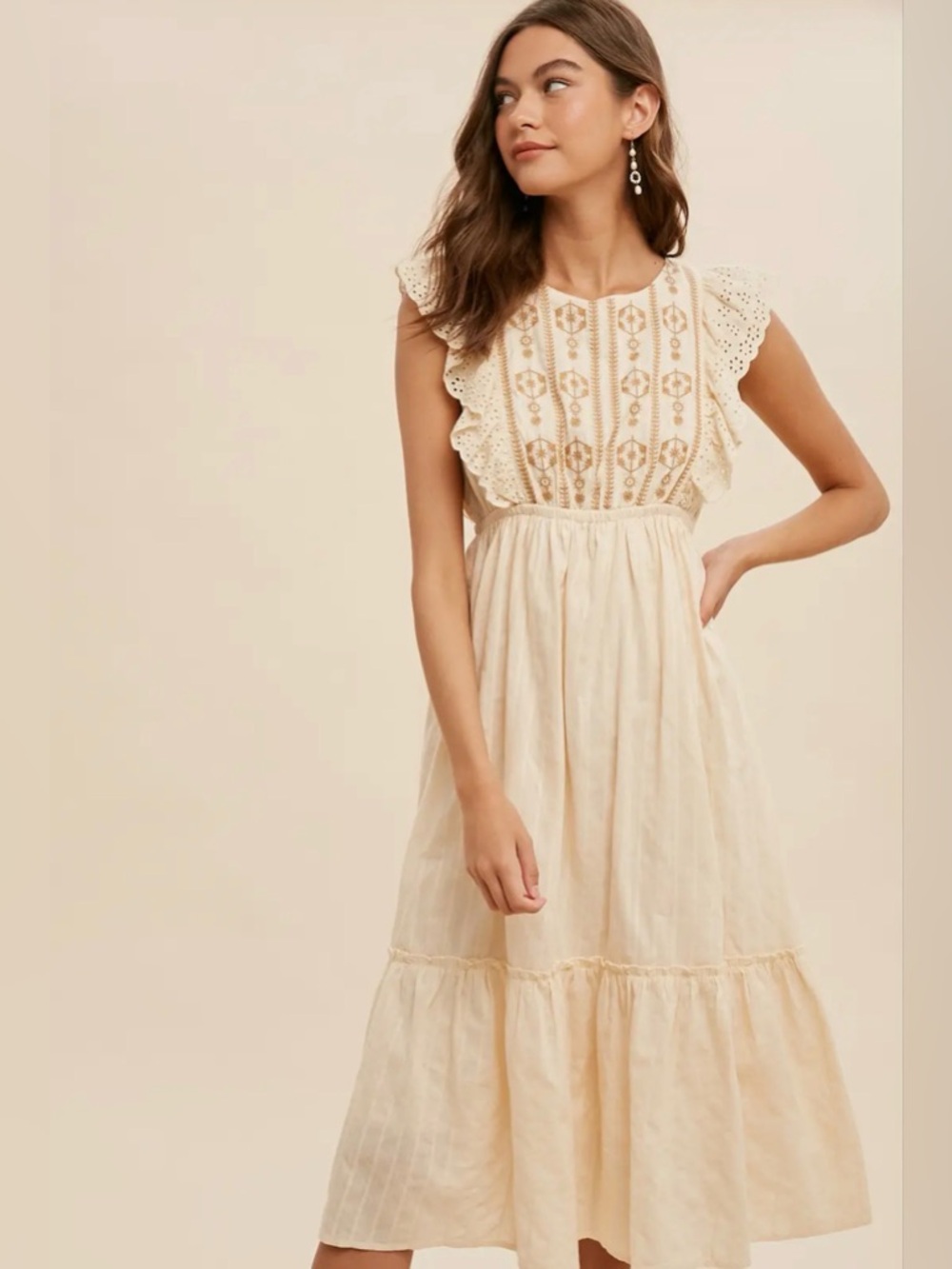 Urban Outfitters Eyelet Flutter Sleeve Embroidered elastic waistband Boho Dress